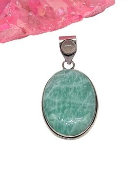 Amazonite & Rose Quartz Necklace Pendant 925 Sterling Silver Overlay
